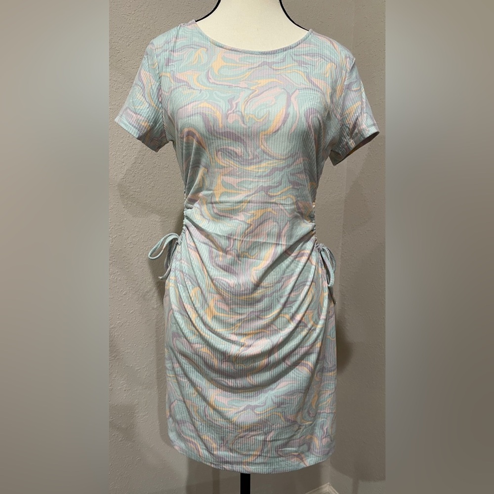PINK ROSE Pastel Swirl Mini Dress With Side Cut Outs & Ties Size L Teal Purple